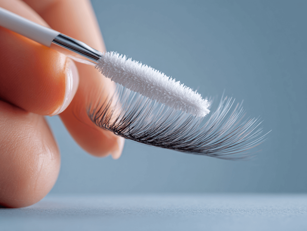 Brushing lash extensions gently with a spoolie to stop premature lash shedding