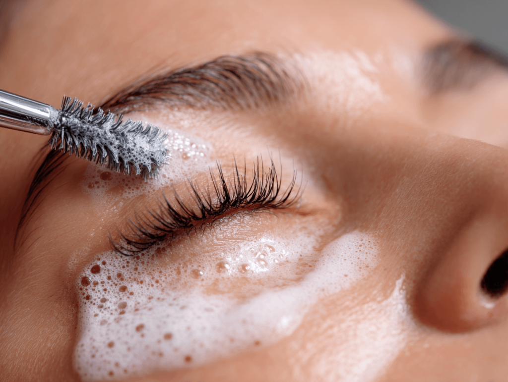 Gentle aftercare cleaning with oil-free lash cleanser to maintain lash extension bonds