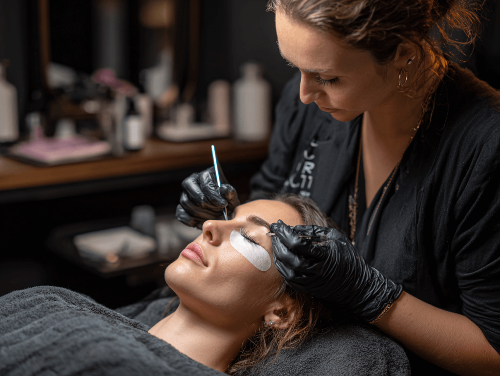 Certified lash technician applying extensions in a premium salon focused on safety and natural lash health