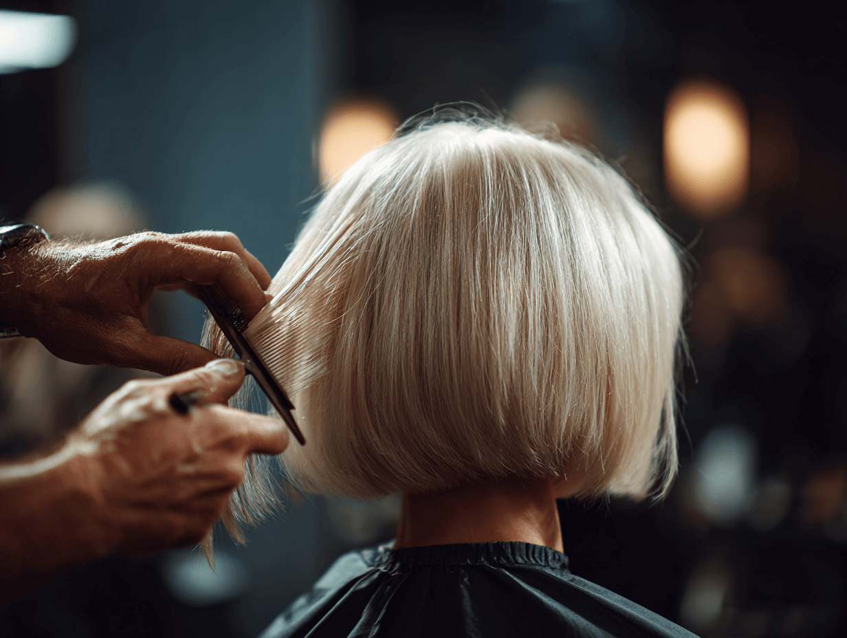 Stylist cutting hair in salon, close-up on hands and flowing hair, soft lighting
