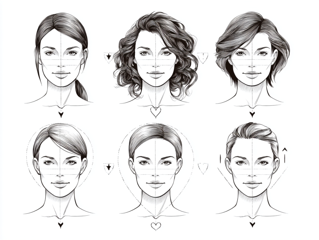 Diagram of 5 face shapes with recommended haircut styles for women