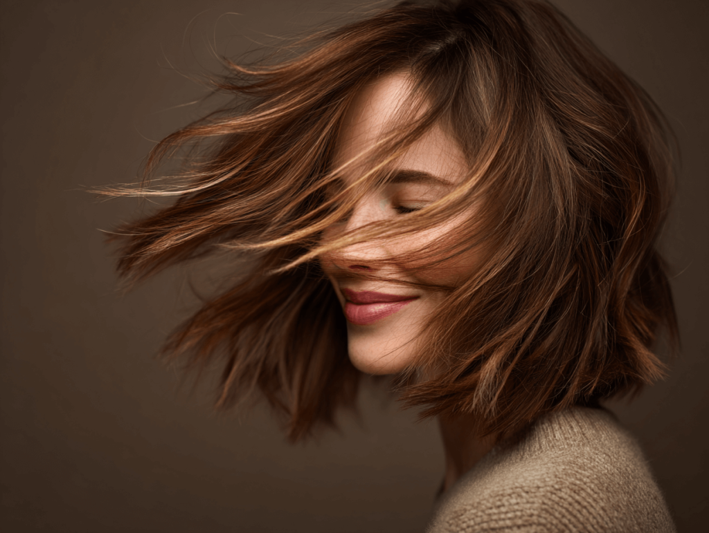 Long layered haircut in motion showing volume and texture; short layered bob example for women
