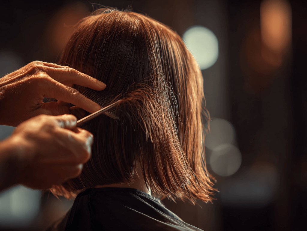 Stylist cutting hair in salon, close-up on hands and flowing hair, soft lighting
