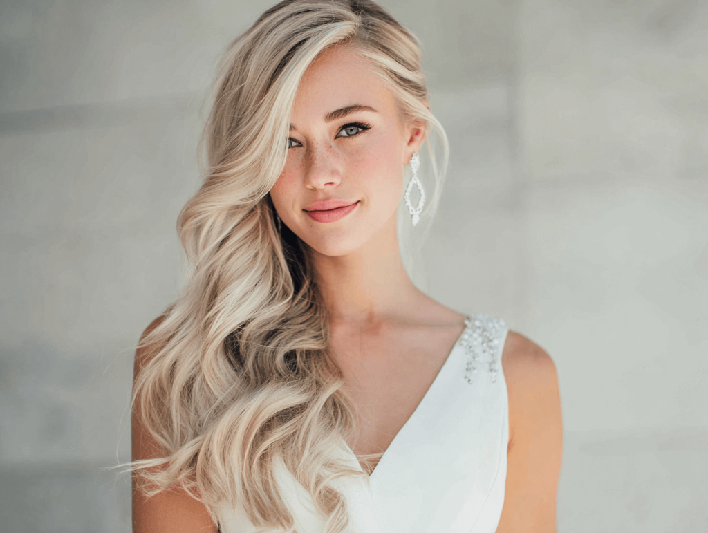 Bride with long hair styled for wedding, glamorous bridal hairstyle