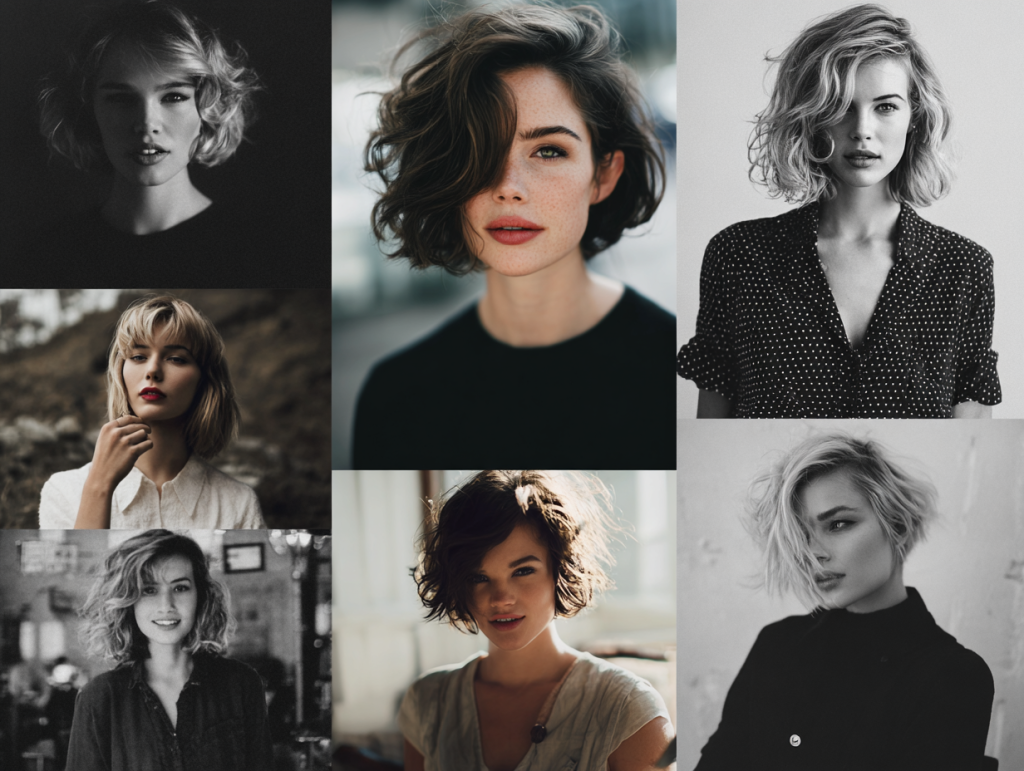 Collage of trending women’s haircuts 2025 including bob, lob, pixie, shag, waves, and curls
