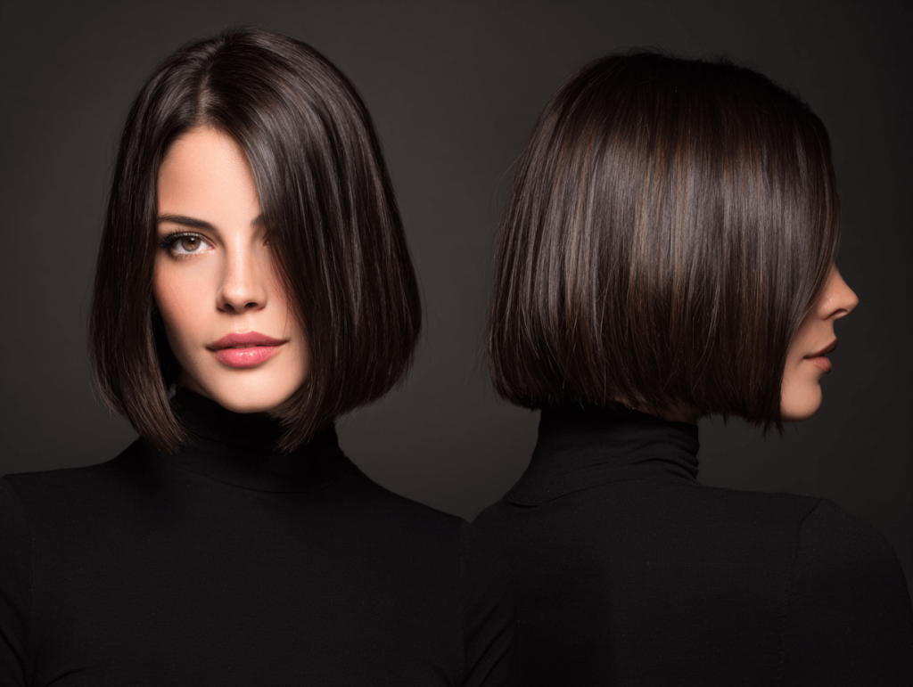 Chin-length blunt bob on straight hair for women; back view of long blunt haircut highlighting even ends