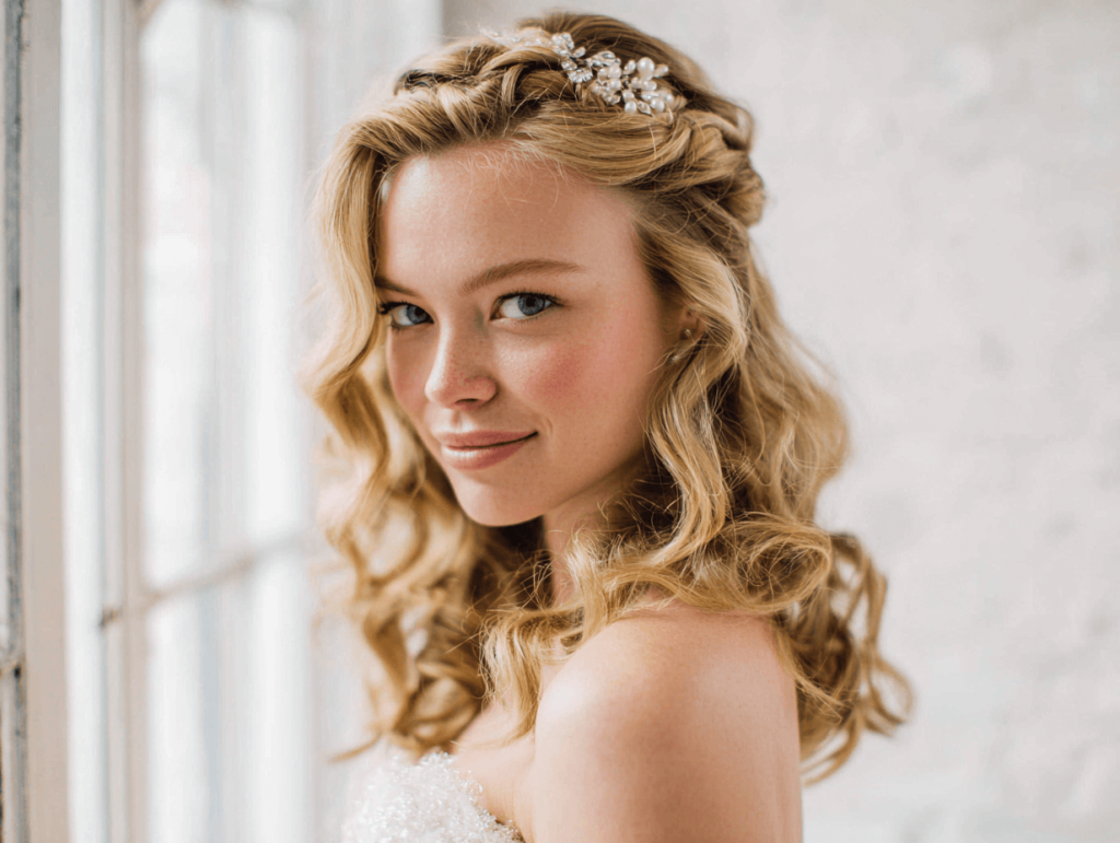 Bride with medium hair styled for wedding, elegant half-up hairstyle