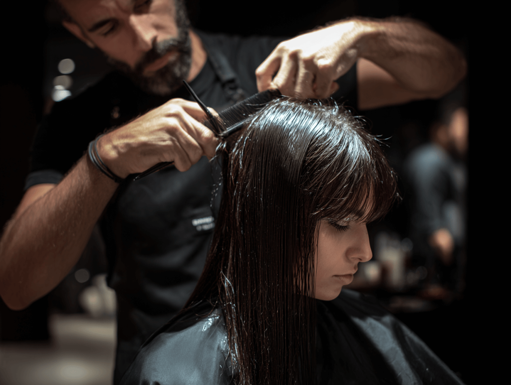 Luxury Istanbul salon haircut showing stylist shaping hair with precision and shine
