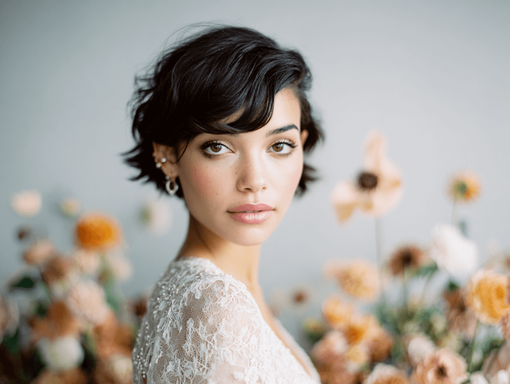 Bride with short hair styled for wedding, modern bridal hairstyle
