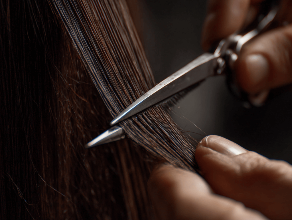 Demonstrating blunt, point, and slide-cut techniques on hair