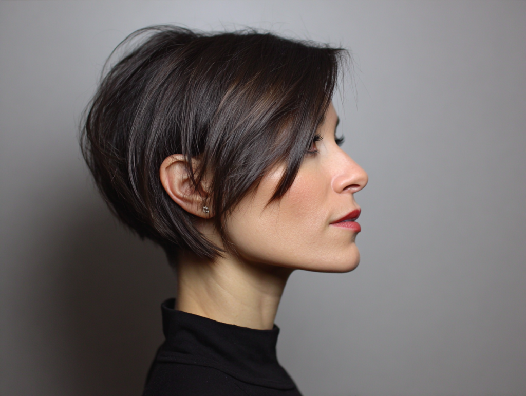 Sharp angled bob haircut in profile; asymmetrical pixie haircut for bold, modern look