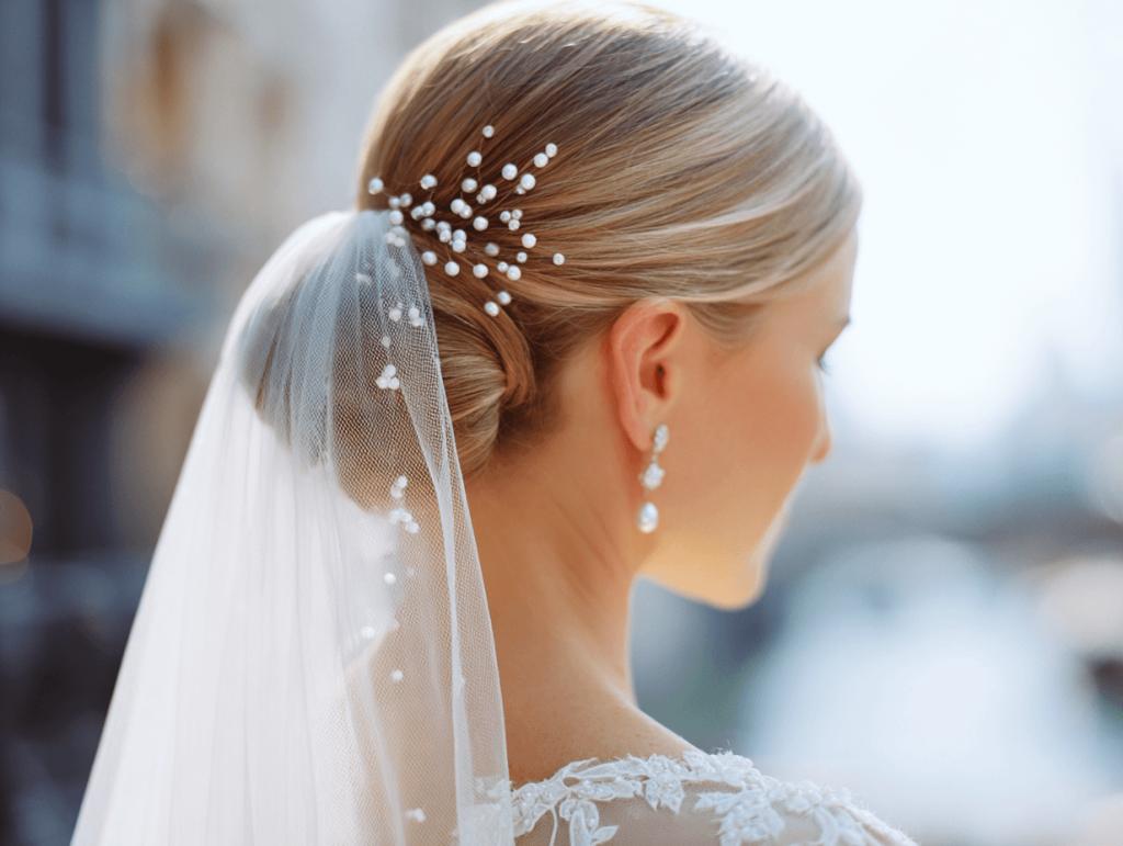 Bride with low bun wedding updo, elegant bridal hairstyle