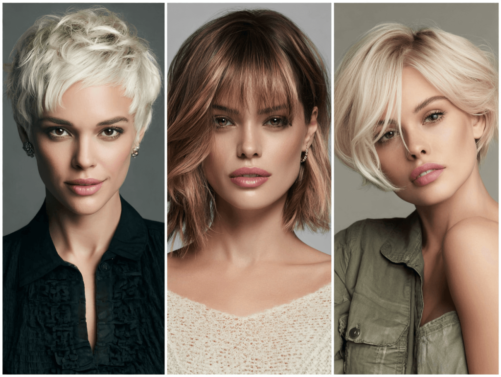 Trendy women’s haircuts 2025 collage showing short, medium, and long styles