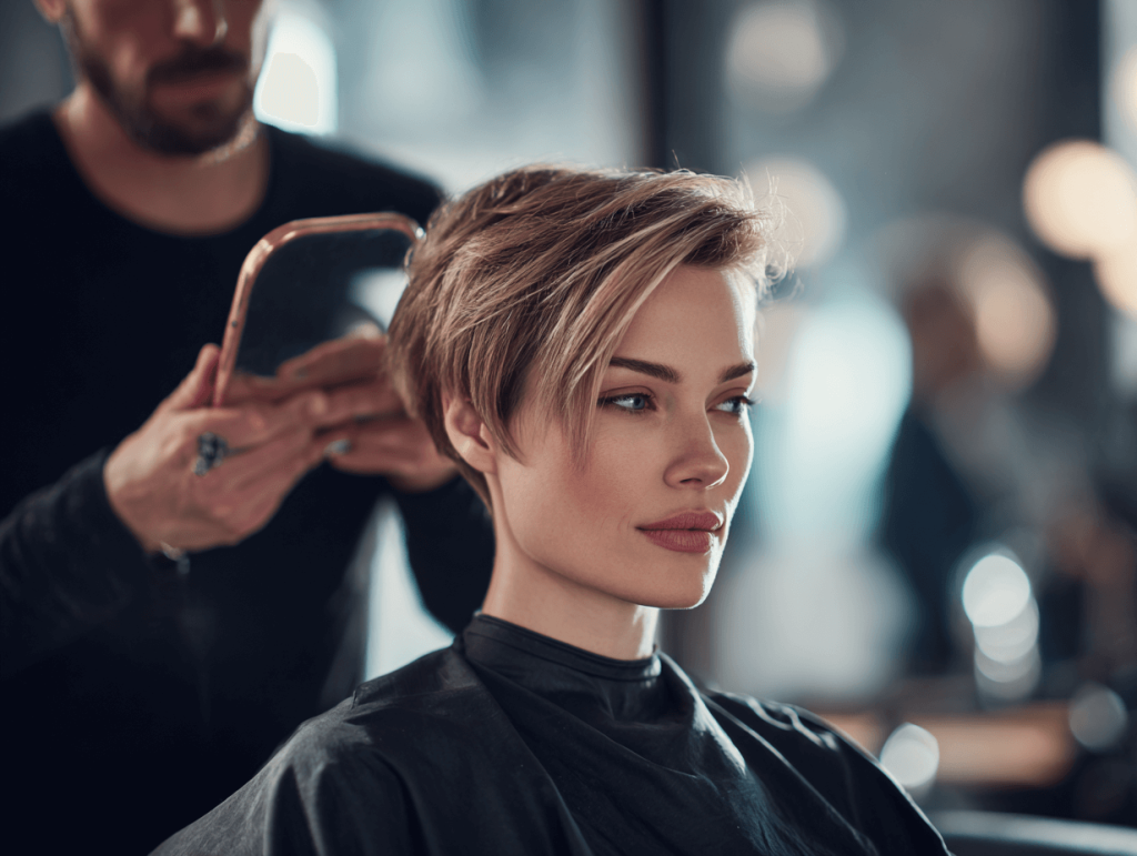 Checking haircut symmetry with handheld mirror