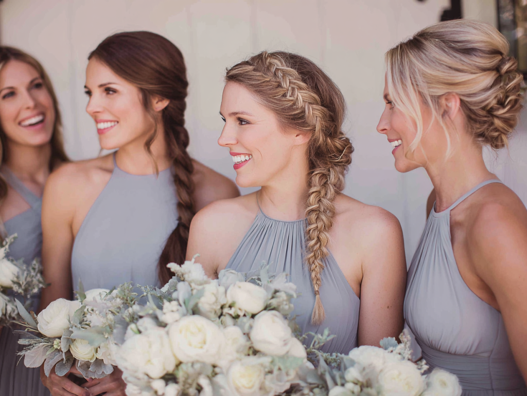 Bridesmaid with braided hairstyle, coordinated wedding party look