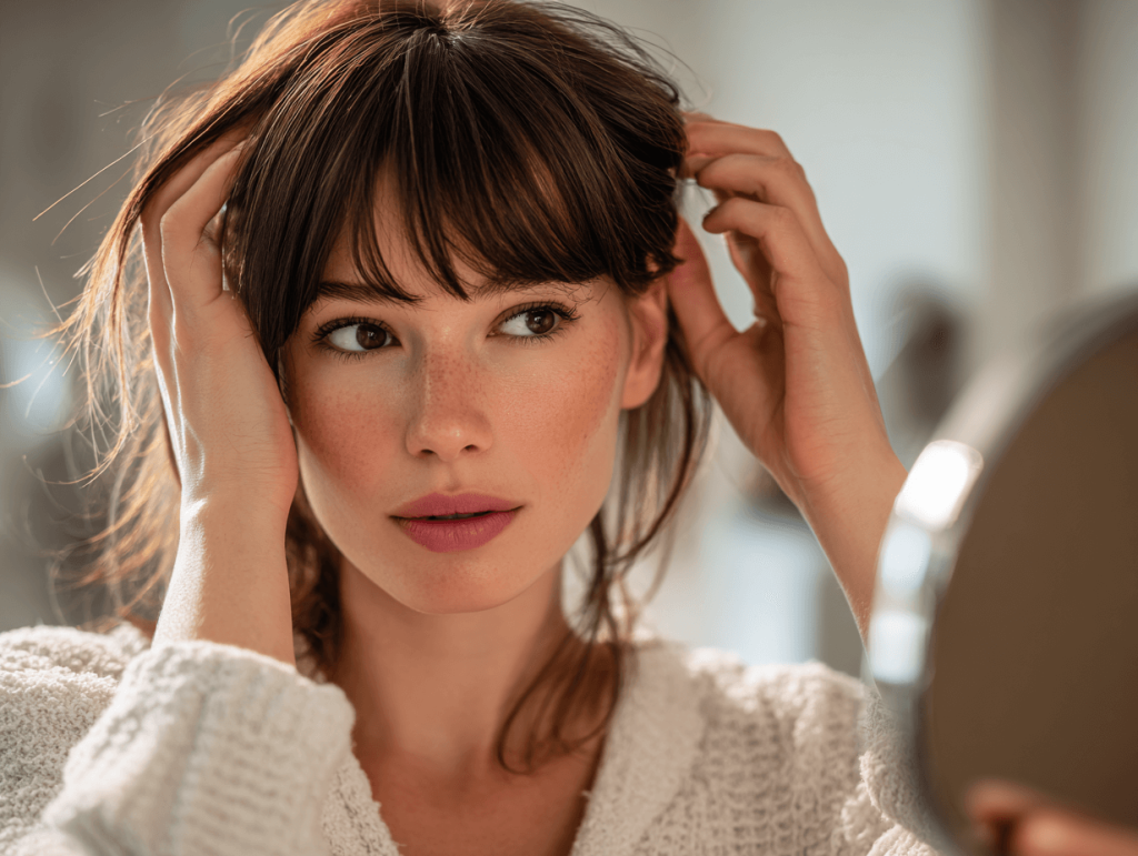 Woman trimming bangs or layers at home for DIY haircut