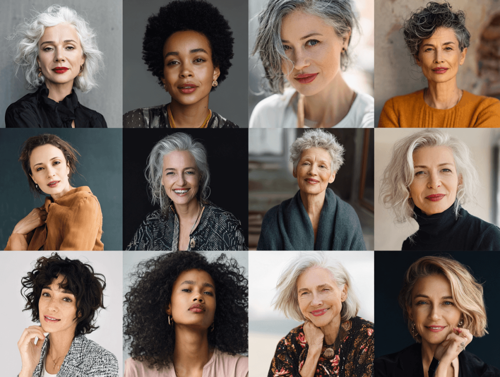 Age-specific women’s haircuts collage showing styles for 20s, 30s, 40s, 50+, and 60+
