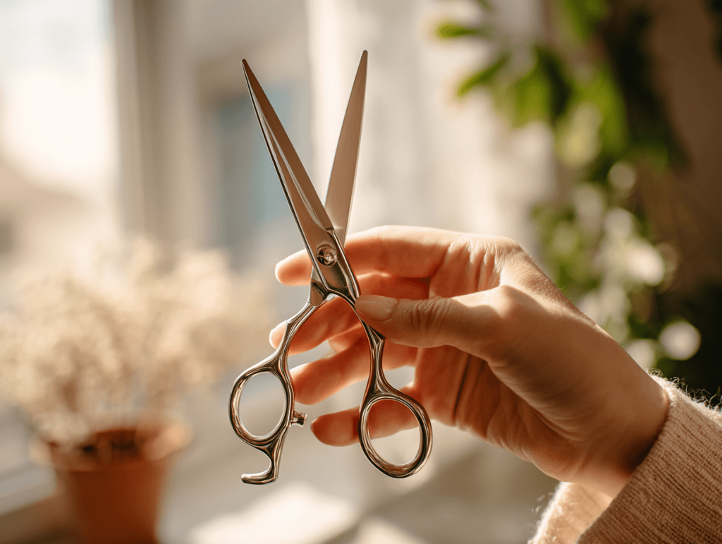 DIY haircut at home with professional shears and mirror setup