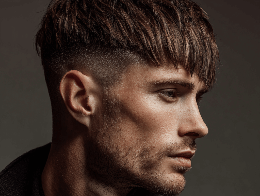 Kalın ve düz saçlı erkek saç kesimi French crop veya undercut ile katlı