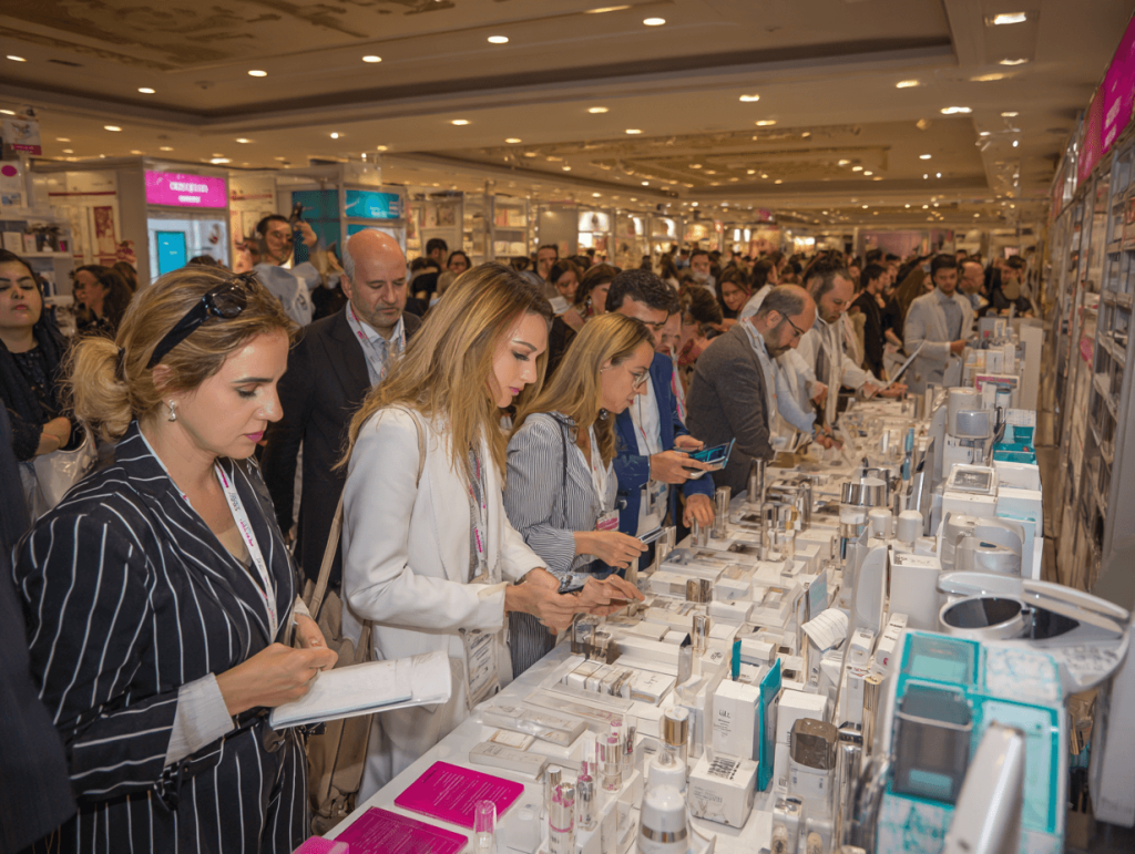 Sourcing high-quality Turkish beauty products at Istanbul Beauty Expo 2025 with buyers inspecting cosmetics and skincare.
