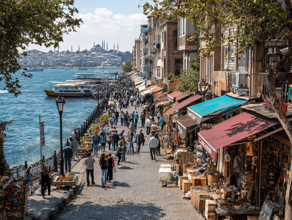 Attendees enjoying shopping and sightseeing near Istanbul Beauty Expo 2025 with modern malls and historic cityscapes.