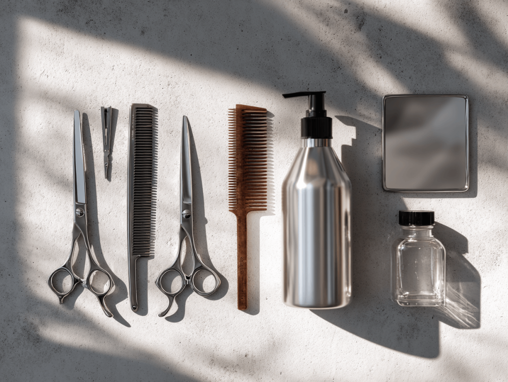 Haircare tools ready for at-home haircut: shears, combs, clips, and mirror