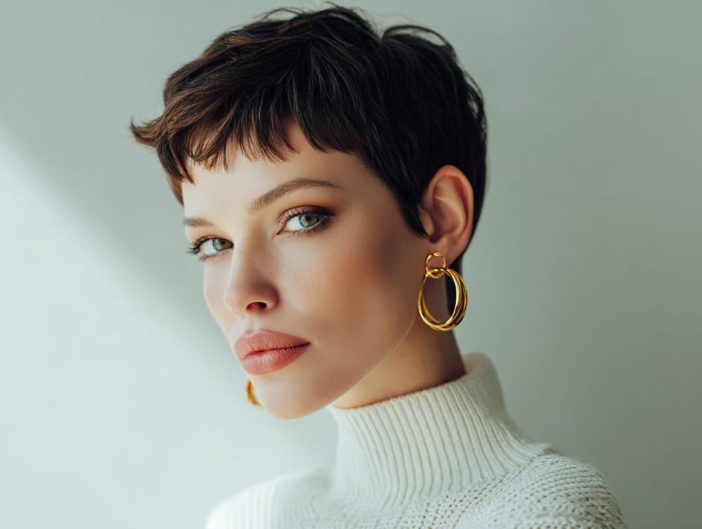 Modern ve şık kısa saç modeline sahip kadın, stüdyo ortamında