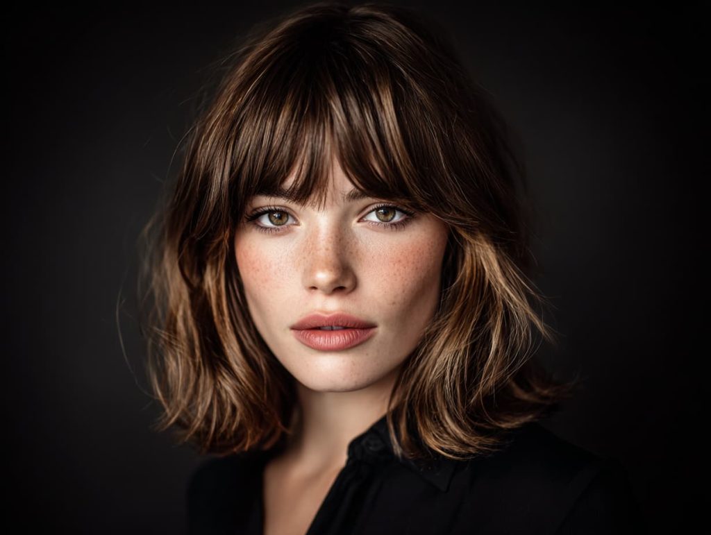 Woman with curtain bangs in a modern haircut, beauty hairstyle inspiration