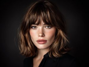 Woman with curtain bangs in a modern haircut, beauty hairstyle inspiration
