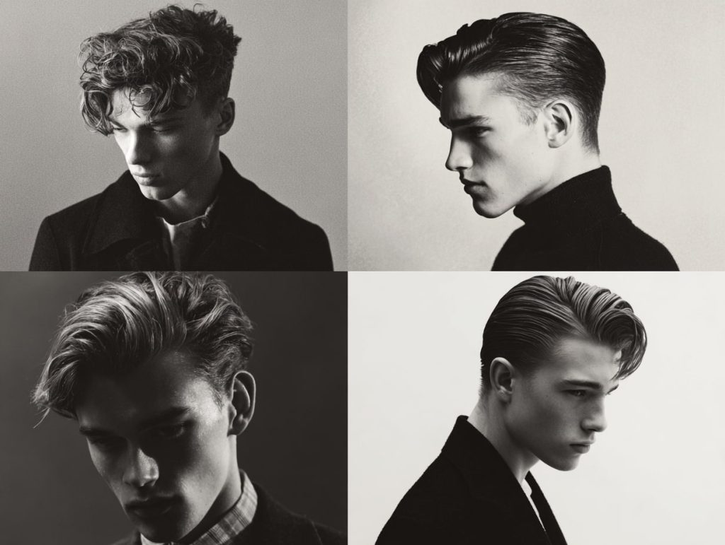 “Collage of men’s hairstyles including textured crop, quiff, and slick back”