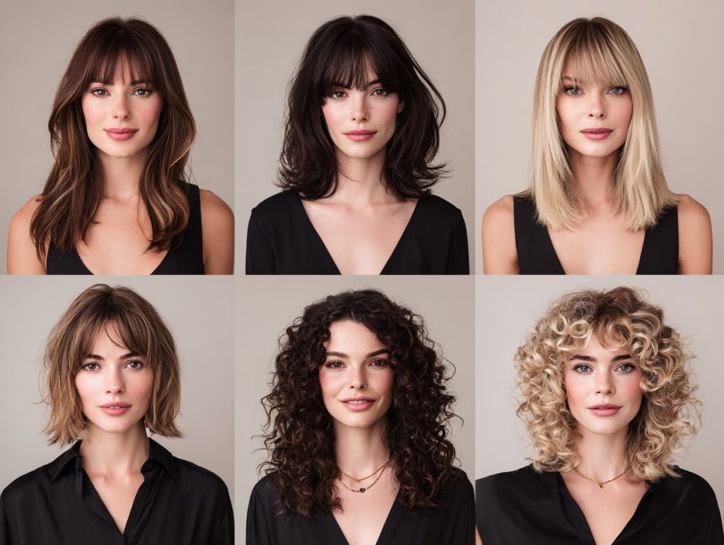 Collage of trendy bangs styles for women including curtain, blunt, wispy, and curly