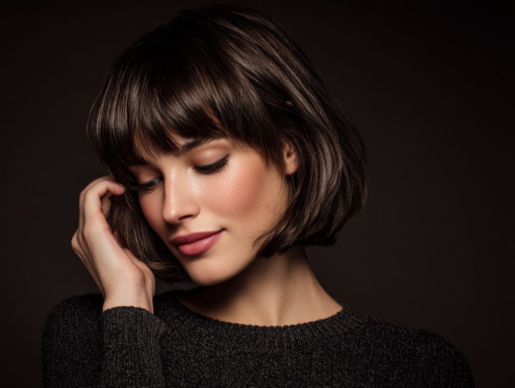 Woman with stylish fringe touching hair, professional bangs haircut