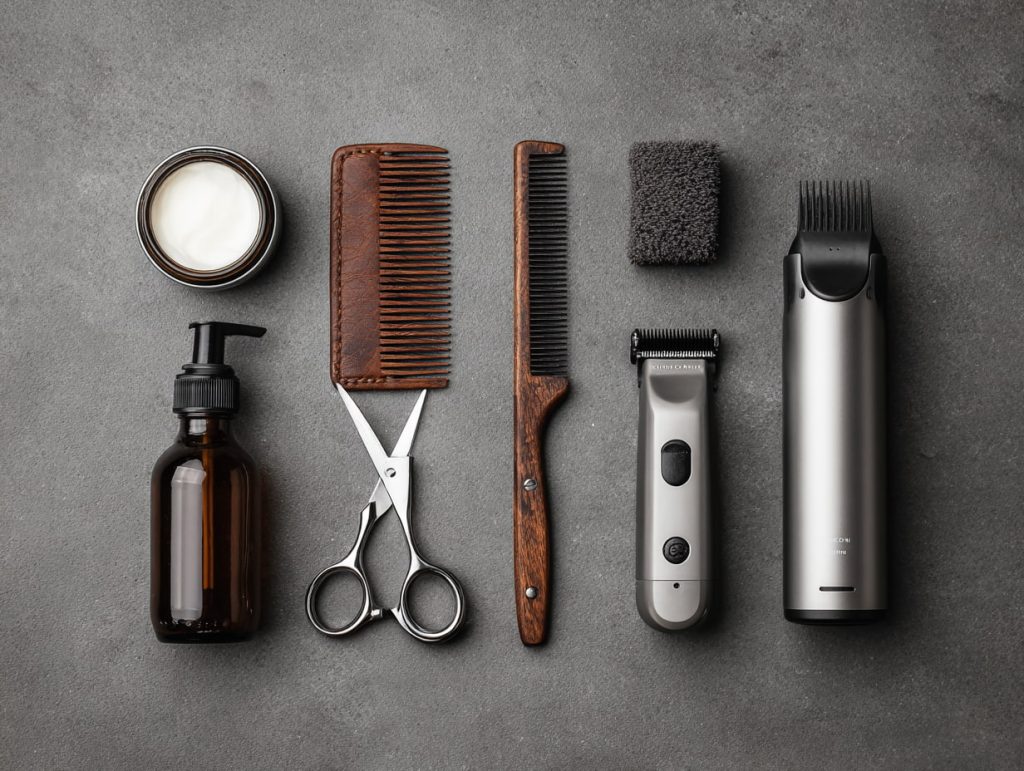“Men’s grooming essentials for styling and maintaining haircuts at home”