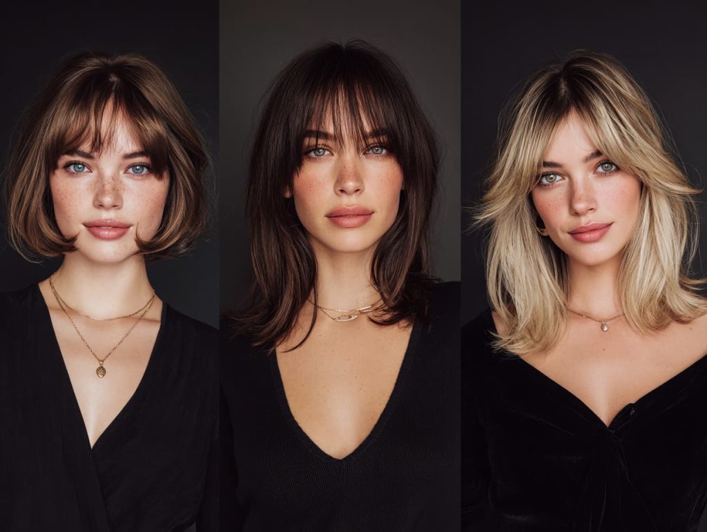 Different haircuts for women with bangs including bob, short hair, and long layered styles