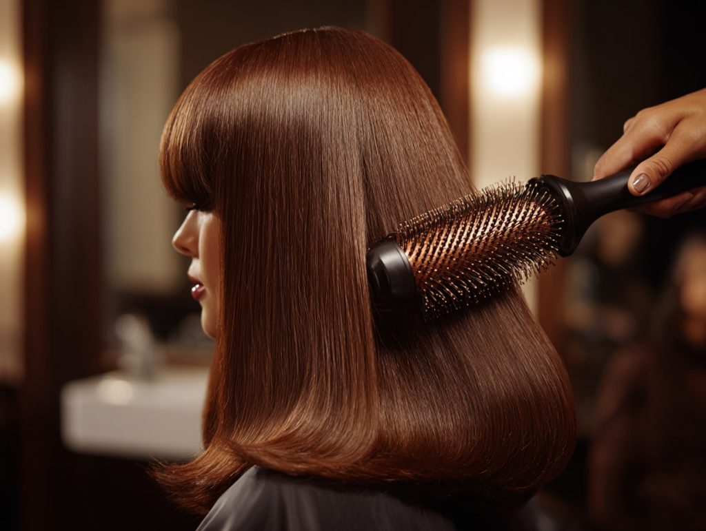 Hairstylist blow-drying curtain bangs using a round brush