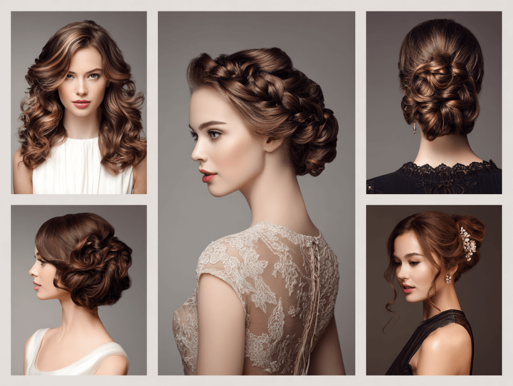 “Trendy long hairstyles for women 2025 collage showcasing layered, wavy, straight, updos, braids, formal looks”