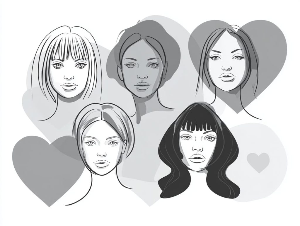 Diagram of face shapes with recommended bangs styles