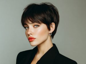 Modern ve şık kısa saç modeline sahip kadın, stüdyo ortamında