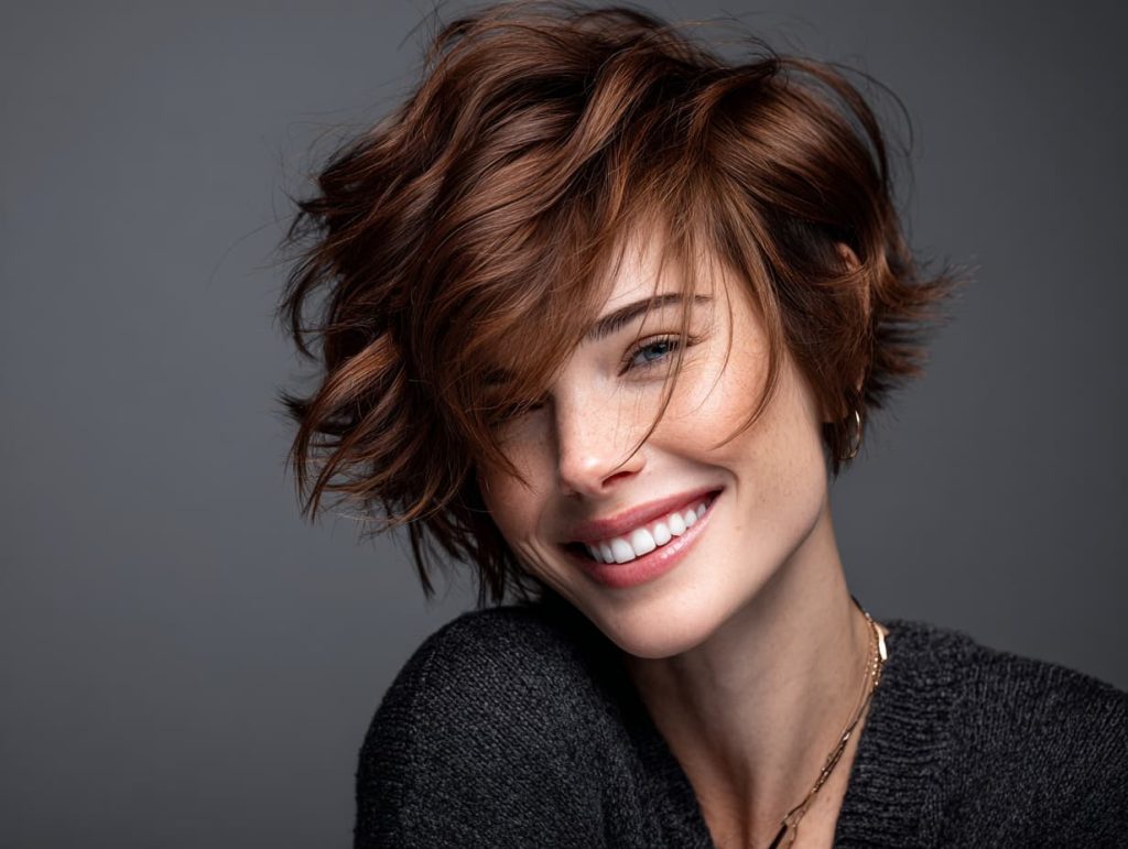 Hacimli ve katlı Bixie Cut kısa saç modeli, enerjik poz veren kadın