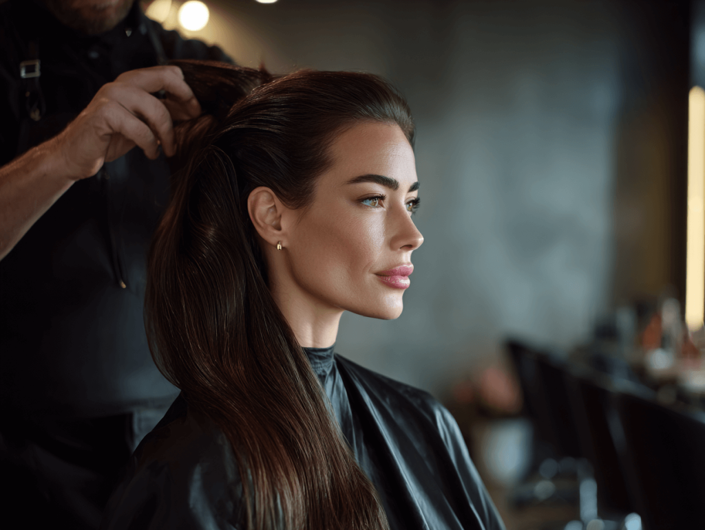 “Luxury long hair styling for women 2025 by professional stylist in Istanbul”