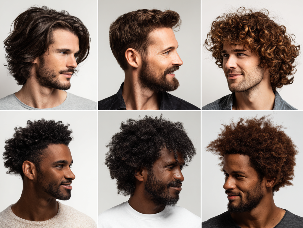 “Best long hair mens haircuts by hair type 2025 collage featuring straight, wavy, curly, coily hair”