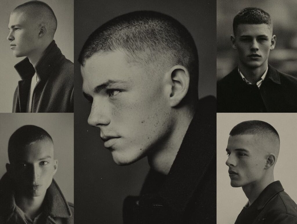 “Classic short men’s haircuts 2025 collage featuring buzz cut, crew cut, Ivy League”