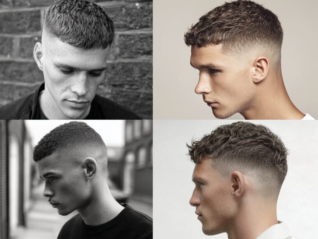 “Best short haircuts for men 2025 collage featuring buzz cut, crew cut, short fade, textured crop”