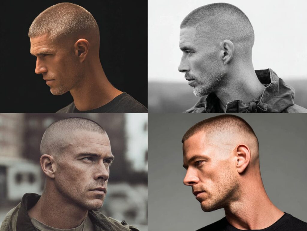 “Low-maintenance short haircuts for men 2025 collage featuring buzz cut, crew cut, butch cut fade”