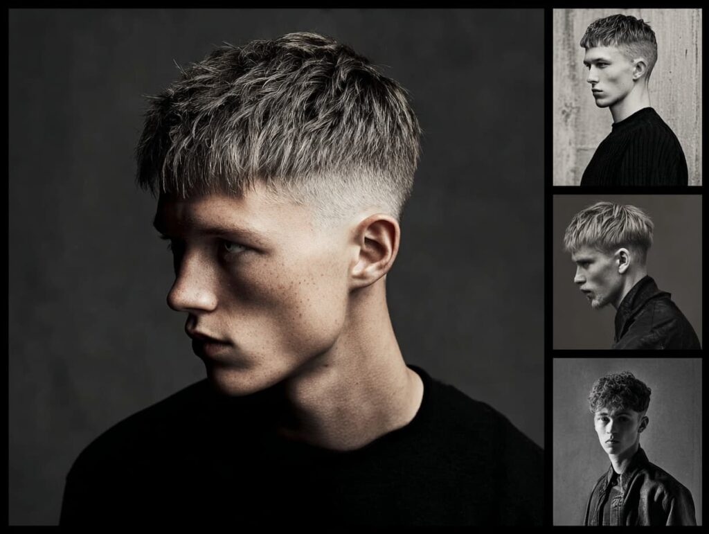 “Trendy short men’s hairstyles 2025 collage featuring fade, textured crop, French crop”