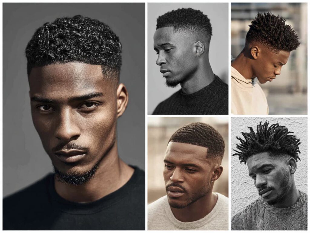 “Best short haircuts for men by hair type 2025 collage featuring textured crop, crew cut, buzz cut, fade, short twists, afro fade”