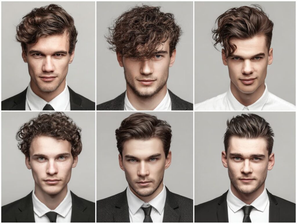“Best short haircuts for men by face shape 2025 collage showing round, oval, square, rectangular, heart and diamond faces”