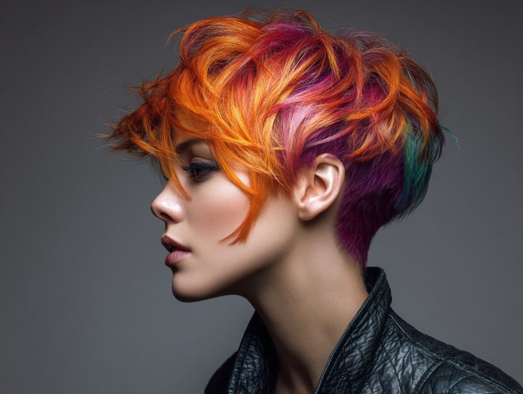 Bold edgy female haircut with vibrant color