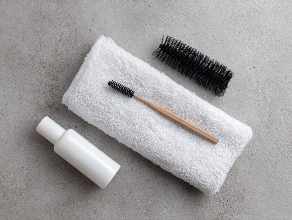 Daily lash extension care routine with lash cleanser, brush, and spoolie