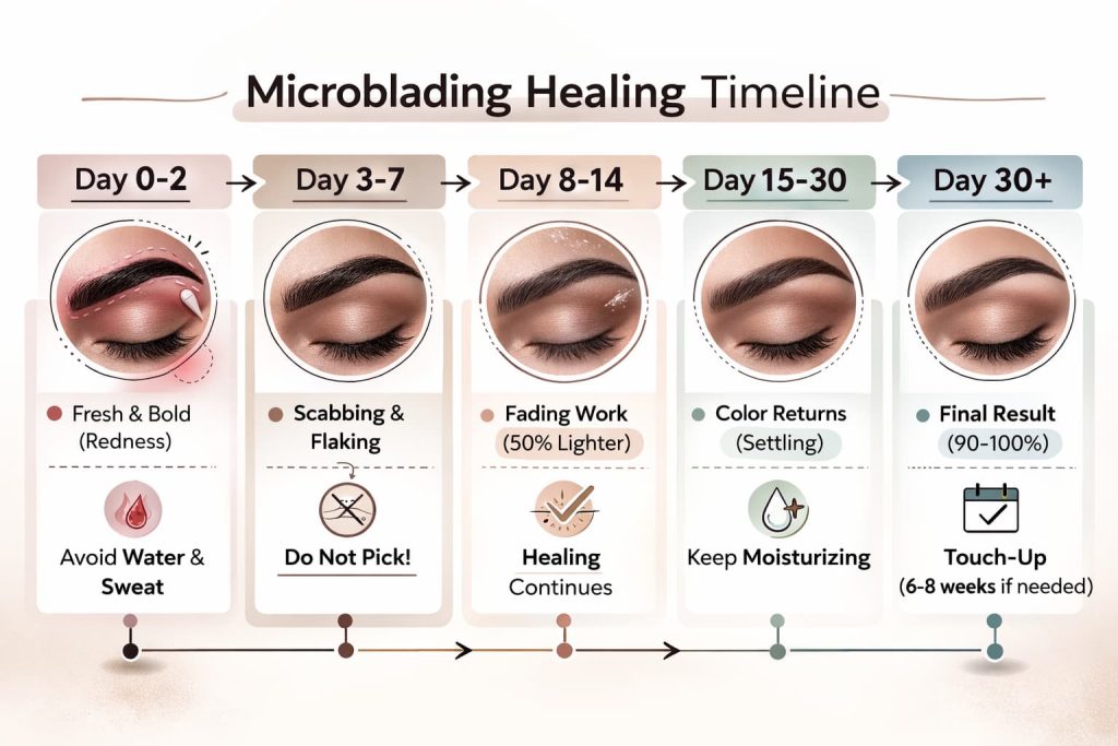 Microblading healing process timeline showing microblading aftercare day by day stages from day 0 to week 6